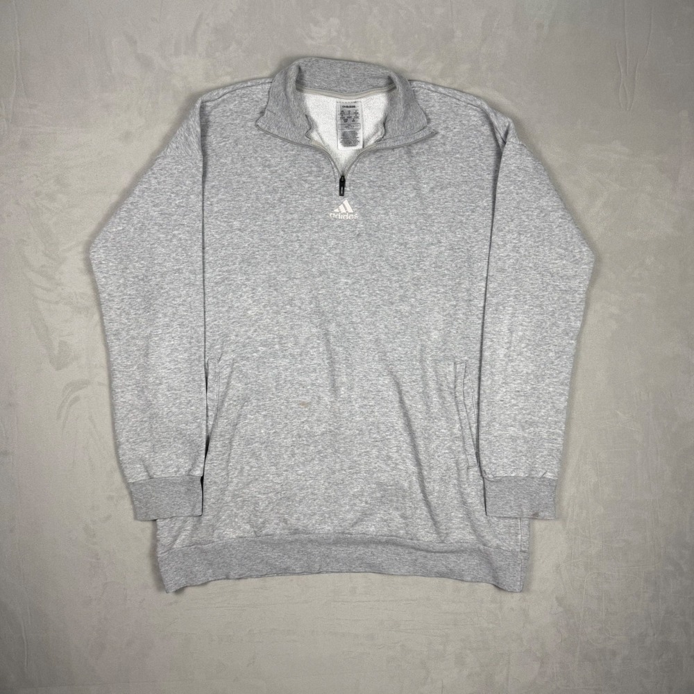 Y2K Mens Adidas Quarter Zip Embroidered Center Logo‎ Sweatshirt Grey Small